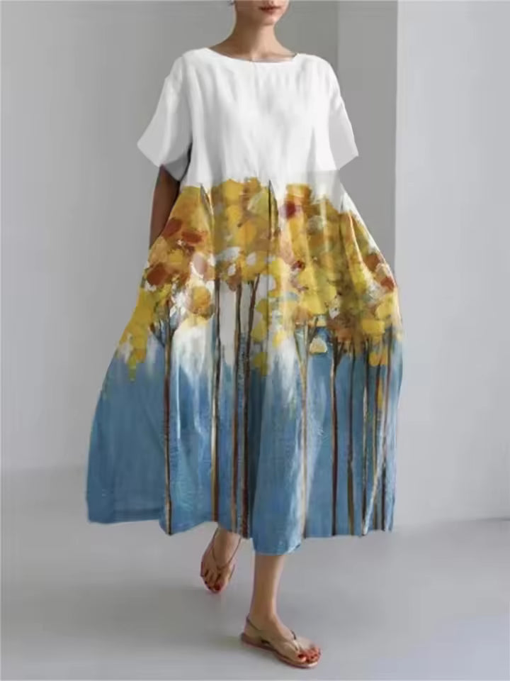 Women's Floral Midi Dress with Relaxed Silhouette and Round Neckline for Effortless Elegance | Koossa