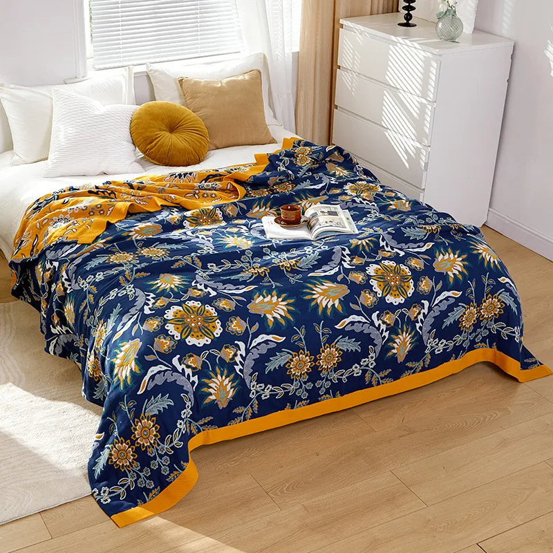 Lightweight Cotton Gauze Blanket Floral King Size Breathable Summer Coverlet for Bed Sofa Throw All-Season | Lonoma