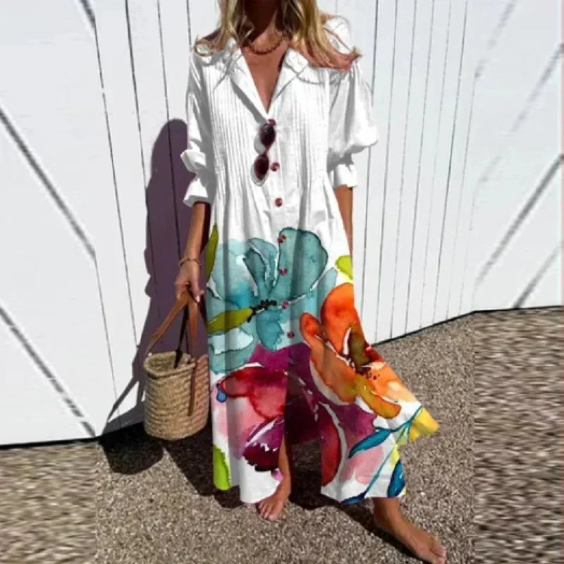 Women's Tiered Bohemian Cotton Dress with V-Neckline in Multicolour, Pink, Red, Light Blue and White – Relaxed Summer Day Dress for Warm Weather and Coastal Holidays | Koossa