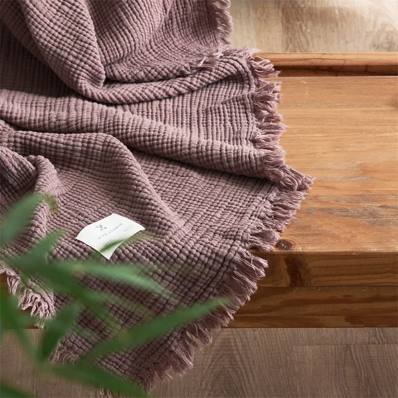 Cotton Gauze Throw Blanket with Tassels 4-Layer Breathable Lightweight for Couch Bed Sofa Decorative All-Season Use | Lonoma