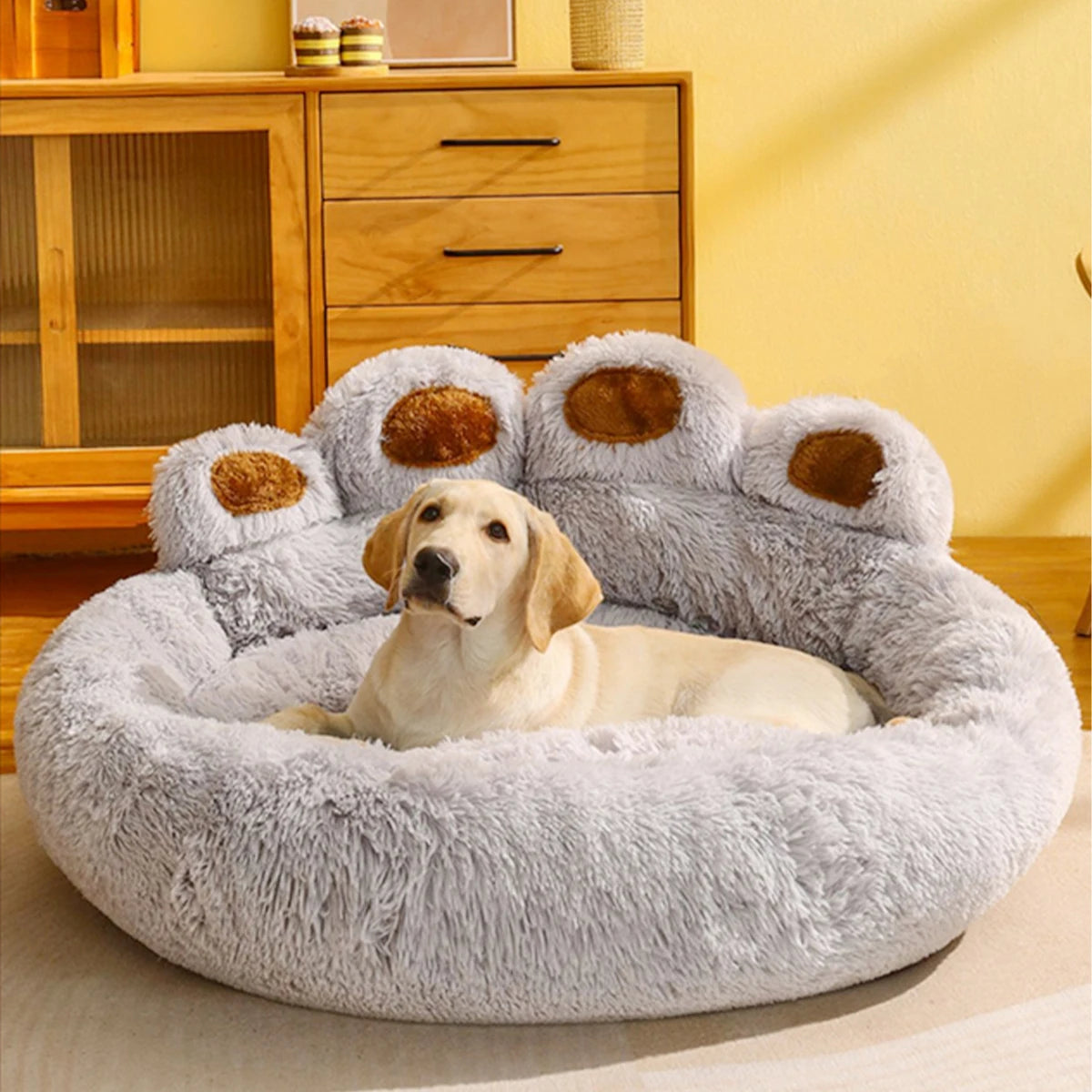 Dog Bed Round Plush Fluffy Paw Print 50-110cm Calming Donut Cushion Anti-Slip Base Winter Warm Cat Puppy Basket Washable Pet Mat | Koossa
