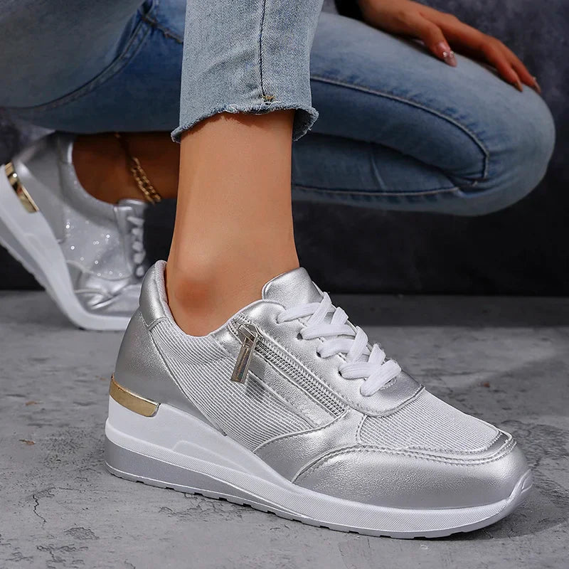 Women's Wedge Trainers with Side Zip in Metallic Finish for Smart Casual Wear | Koossa