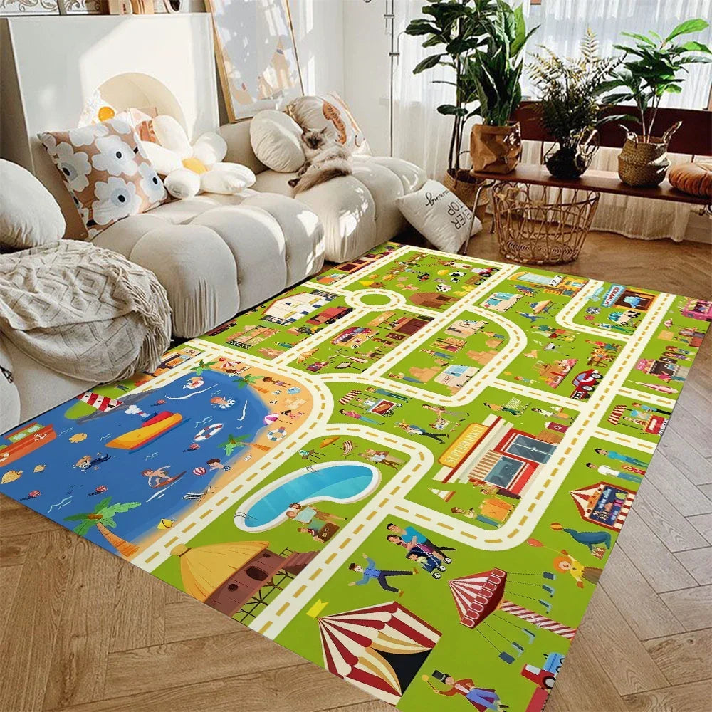 Kids Road Map Play Rug, Soft Flannel Non-Slip Washable Area Rug for Toy Cars, Playroom, Nursery, Bedroom, Toddler Floor Mat | Lonoma