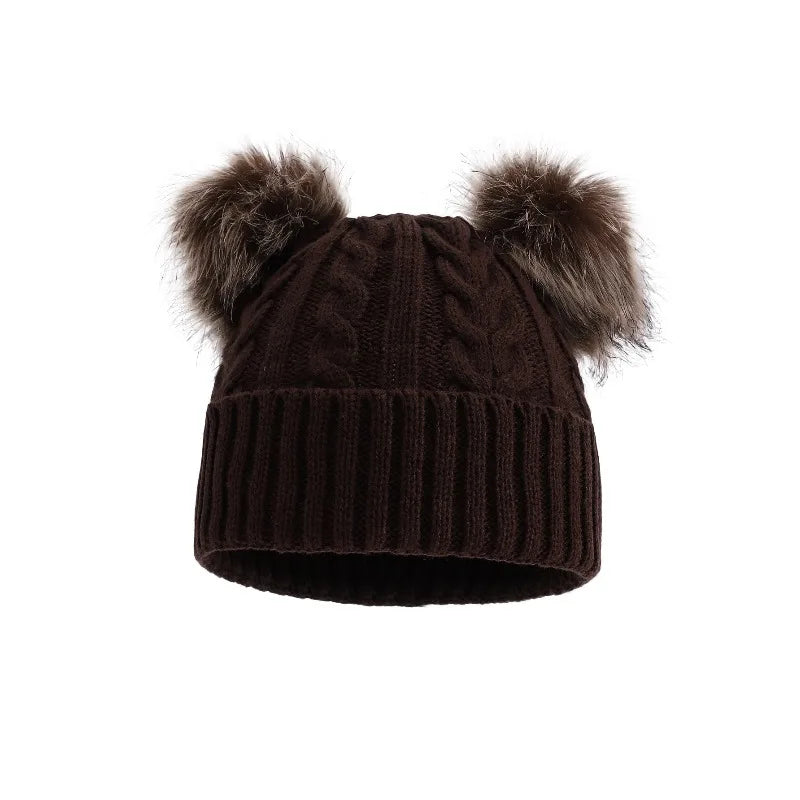 Women's Beanie Hat with Dual Faux Fur Pom-Poms – Chunky Cable Knit Winter Cap with Cuffed Design for Cold Weather | Lonoma