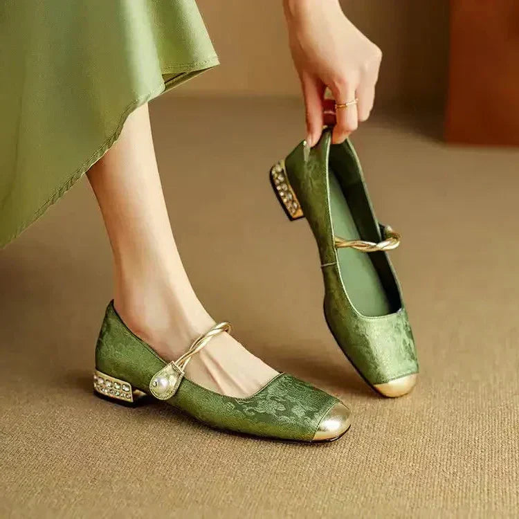 Women's Pearl-Embellished Mary Jane Shoes with Low Block Heel in Green, Black & Beige – Elegant Vintage-Inspired Footwear with Braided Strap Detail for Special Occasions and Everyday Wear | Koossa