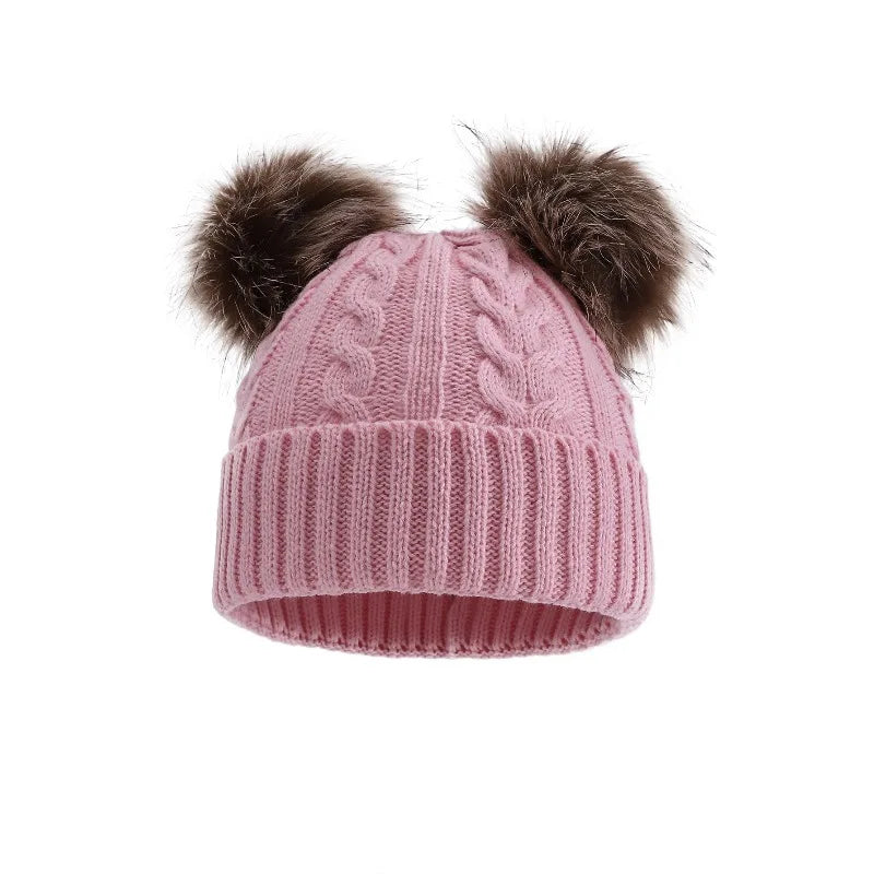 Women's Beanie Hat with Dual Faux Fur Pom-Poms – Chunky Cable Knit Winter Cap with Cuffed Design for Cold Weather | Lonoma