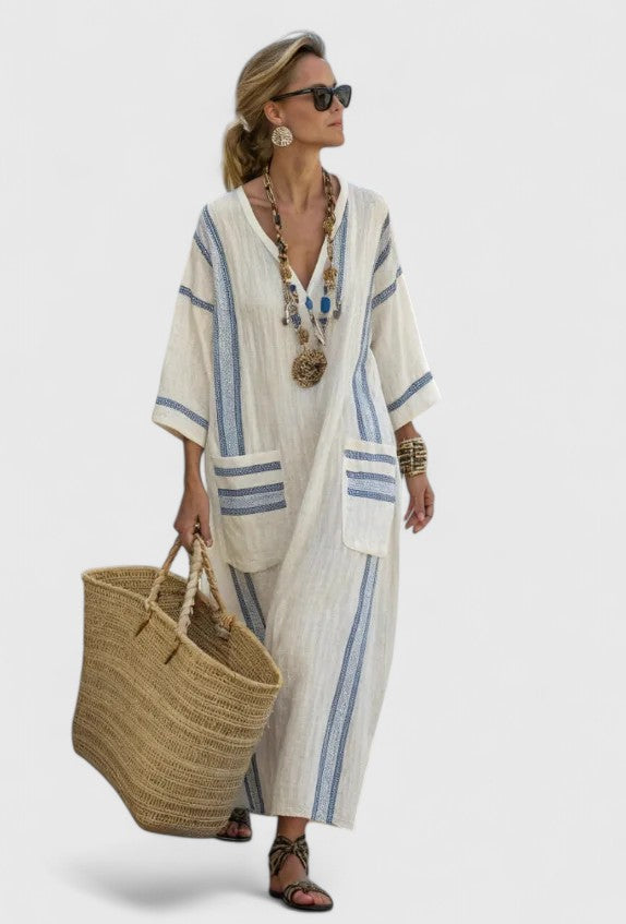 Women's V-Neck Maxi Dress in Lightweight Fabric with Relaxed Flowing Silhouette for Summer Occasions | Koossa