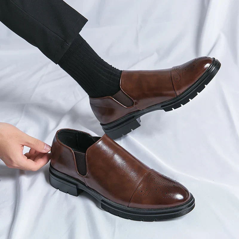 Men's Leather Slip-On Brogues with Cap Toe Detail in Black and Brown | Classic Formal Footwear for Business and Evening Occasions | Elegant Dress Shoes with Elastic Gusset | Koossa