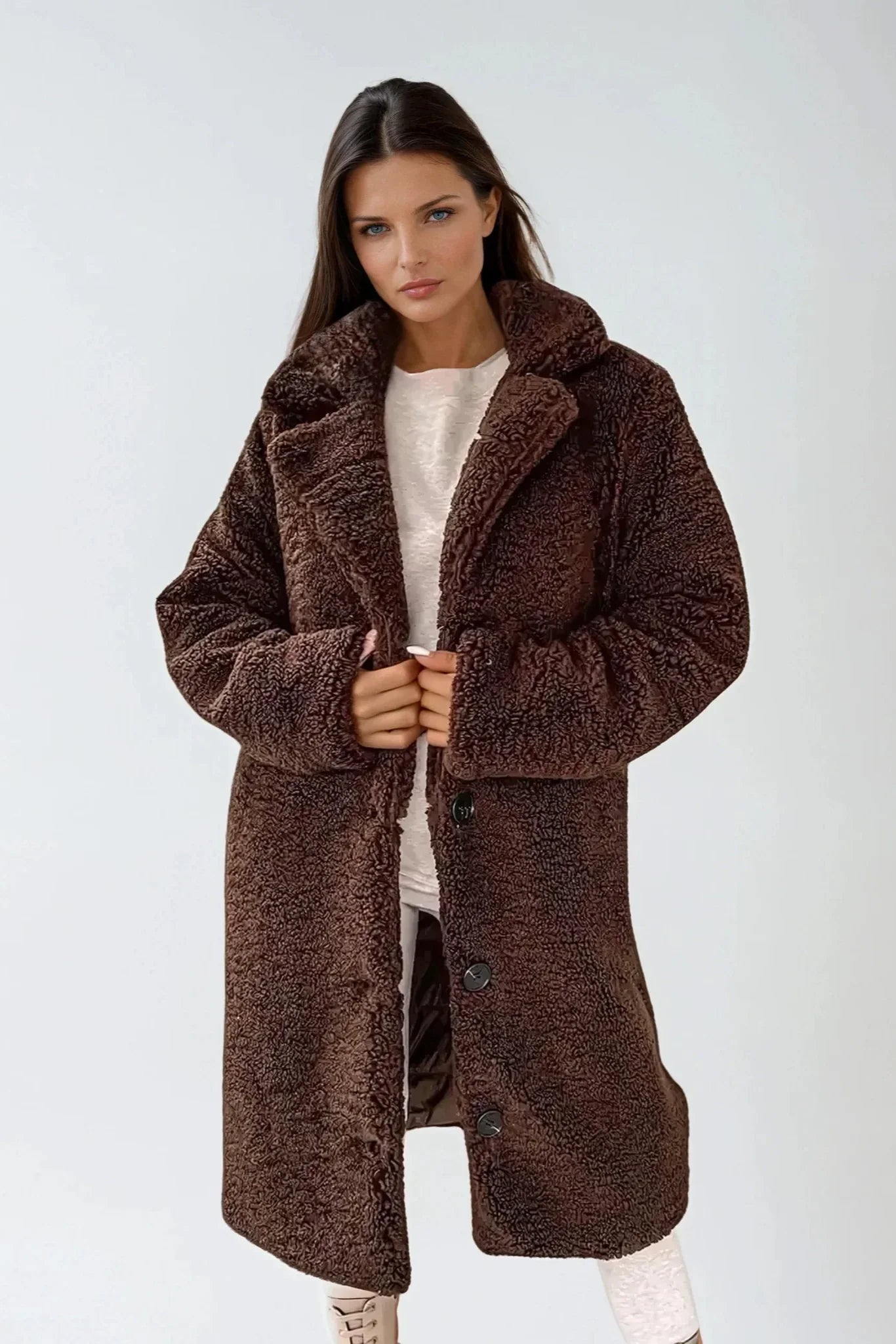 Longline Faux Fur Coat in Soft Teddy Texture with Notched Collar for Elegant Winter Layering | Koossa