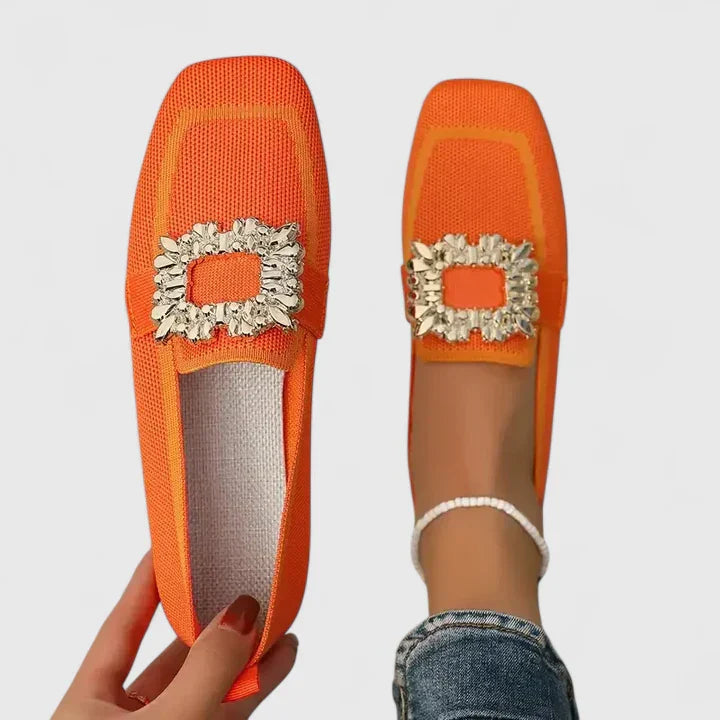 Square-Toe Slip-On Flats with Jewel Embellishment in Beige, Black, Brown, Blue & Orange – Elegant Everyday Footwear for Spring & Summer | Koossa