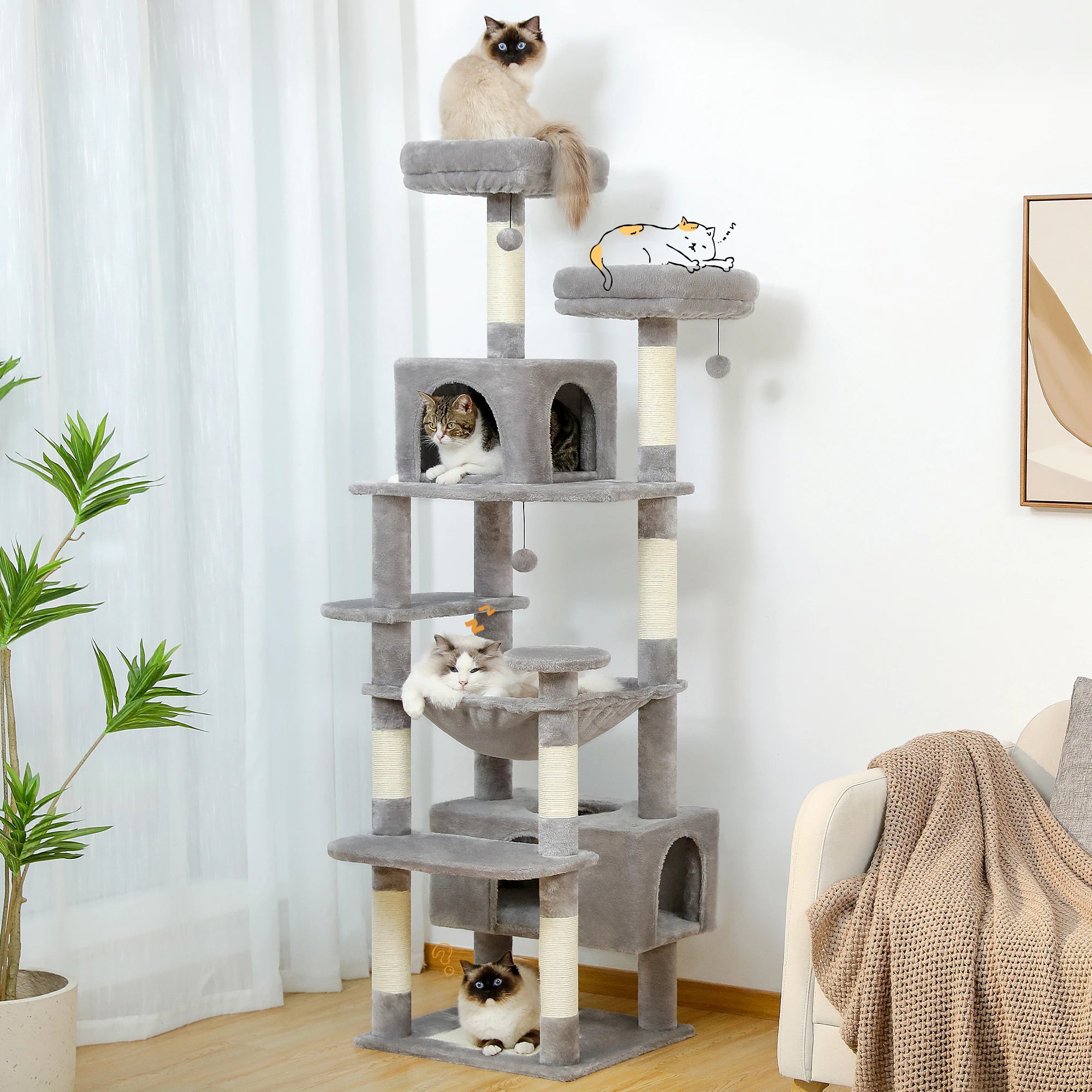 Cat Tree Scratching Post Sisal 136cm Tall Multi-Level Tower Hammock Condo Perch Platform Climbing Activity Centre Indoor | Koossa