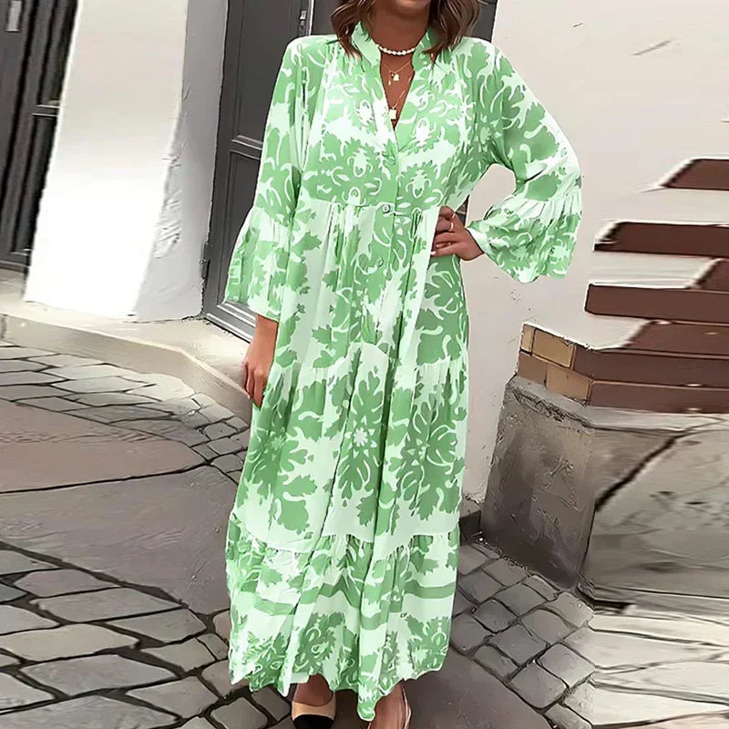 Women's Bohemian Printed Midi Dress with Long Sleeves in Flowing Viscose | Elegant Spring Summer Occasion Wear | Koossa