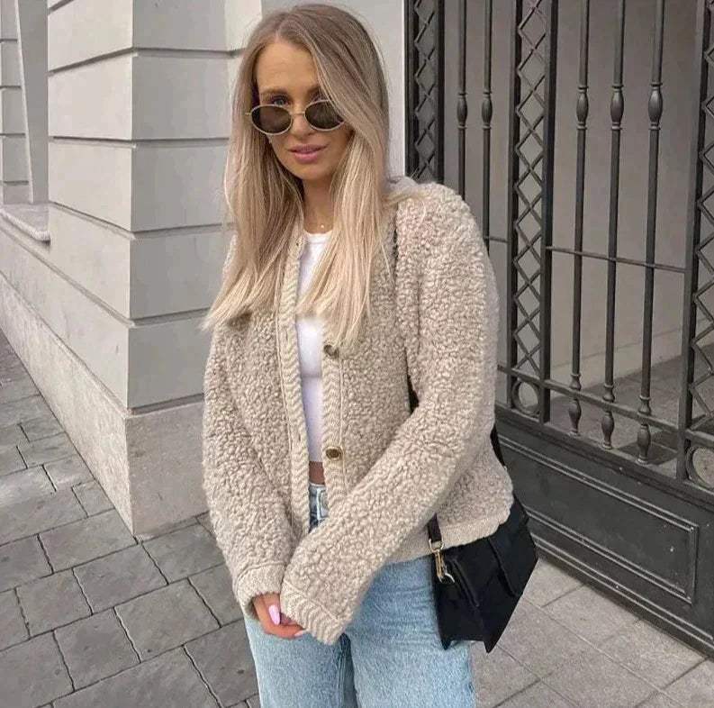 Women's Beige Teddy Overshirt — Relaxed Shacket Jacket for Autumn Layering & Casual Weekend Wear | Koossa