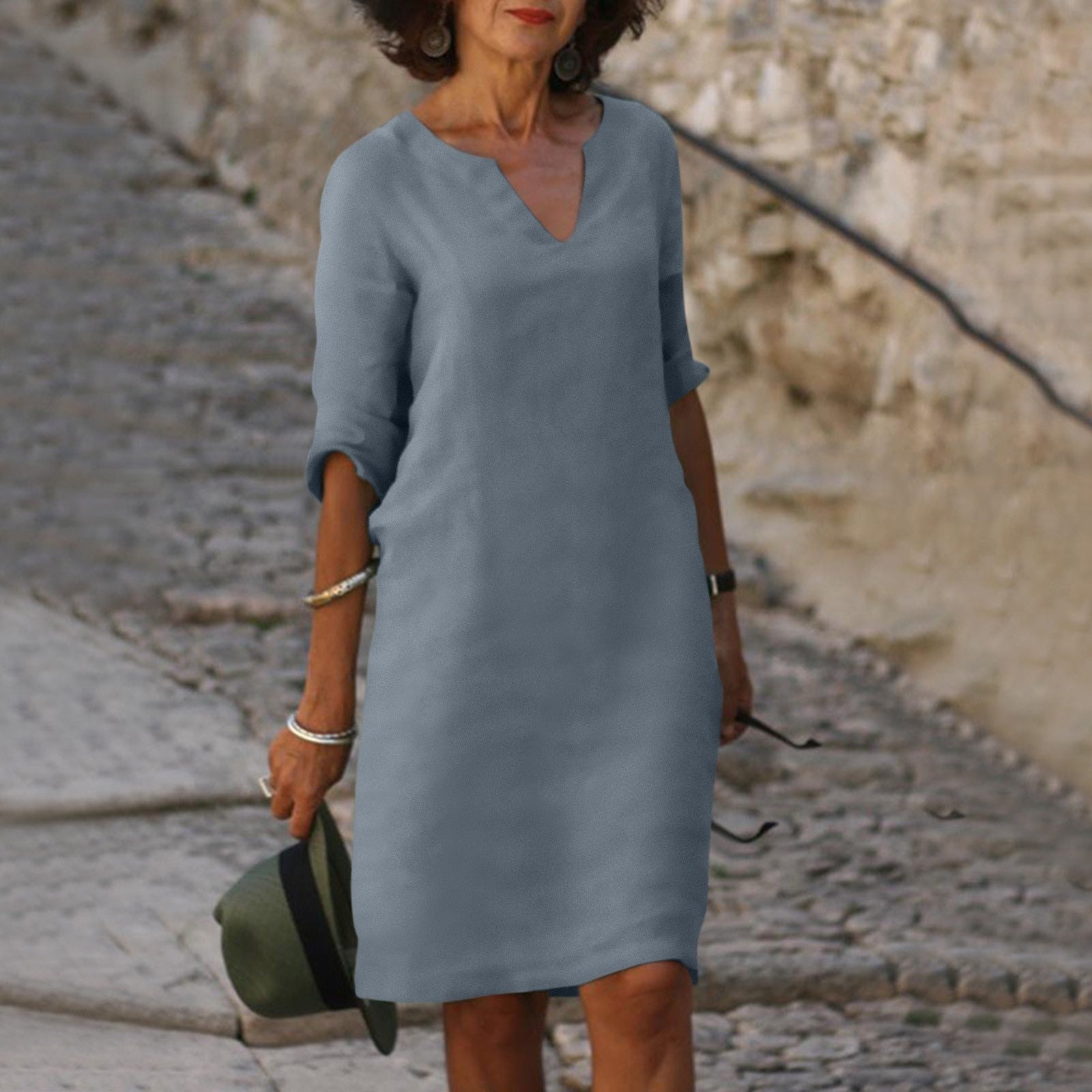 Women's V-Neck Midi Summer Dress — Elegant Everyday Dress with Short Sleeves for Warm Weather & Casual Occasions | Koossa