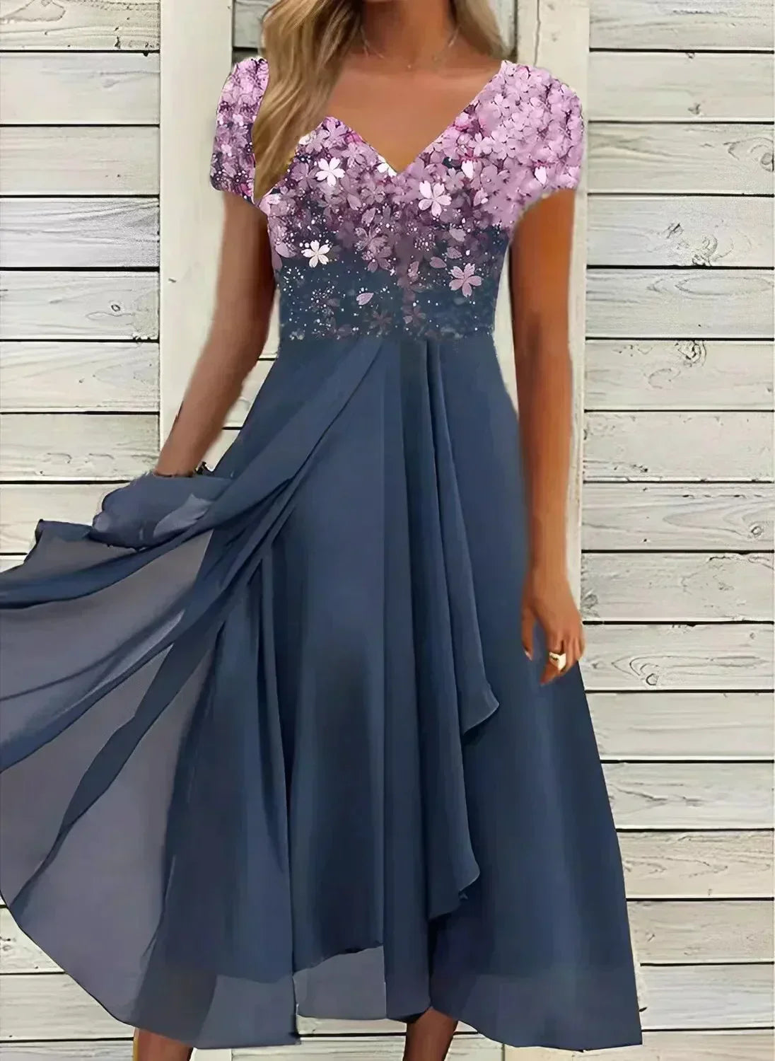 Women's Floral Embellished Evening Gown with Flowing Silhouette in Luxurious Metallic Tones for Weddings and Black-Tie Events | Koossa