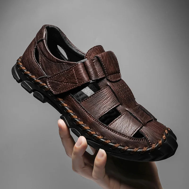 Closed-Toe Leather Fisherman Sandals for Men in Brown, Black and Grey – Supportive Everyday Summer Footwear with Adjustable Fastening and Breathable Cutout Design | Koossa