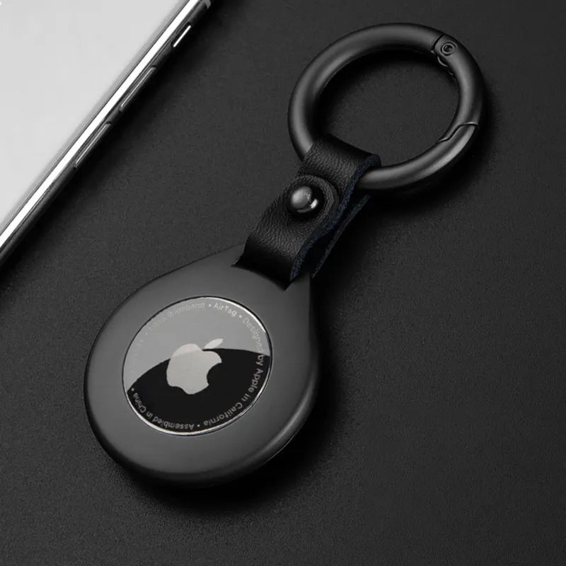 Genuine Leather Tracker Holder with Metal Keychain Ring, Black or Silver, Protective Case for Keys, Bags, Luggage & Pet Collars | Lonoma