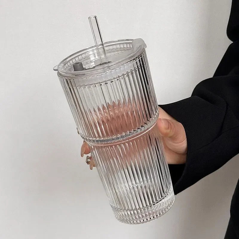 Gobelet isotherme côtelé en verre borosilicate double paroi avec paille réutilisable pour café thé nomade | Koossa
