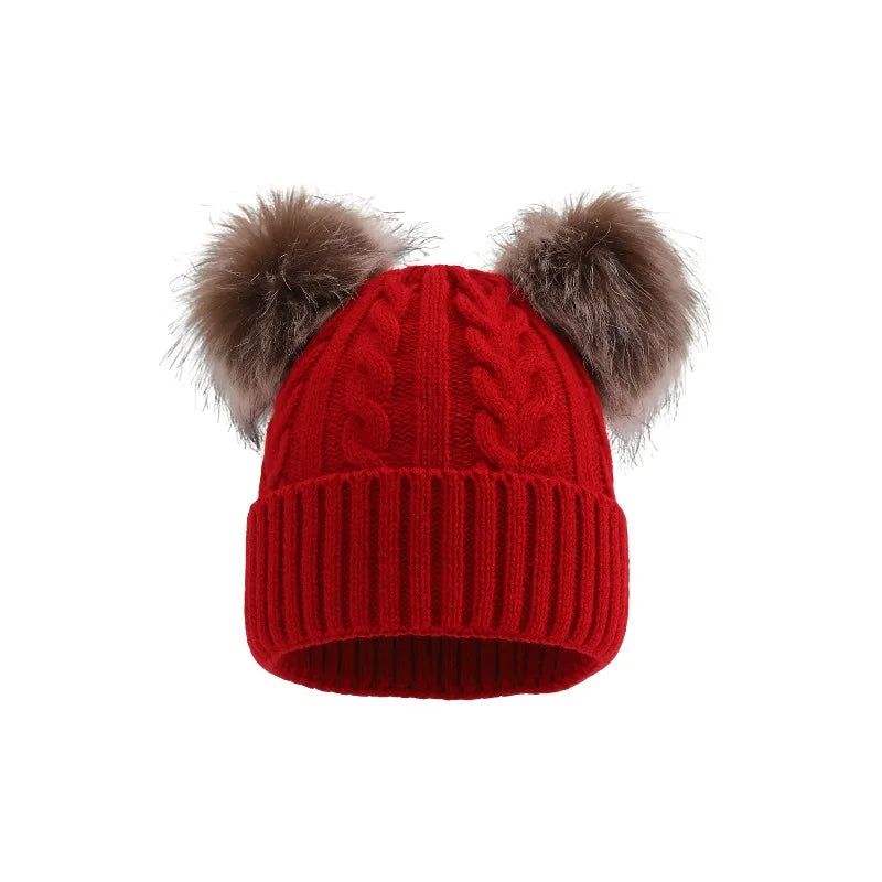 Women's Beanie Hat with Dual Faux Fur Pom-Poms – Chunky Cable Knit Winter Cap with Cuffed Design for Cold Weather | Lonoma