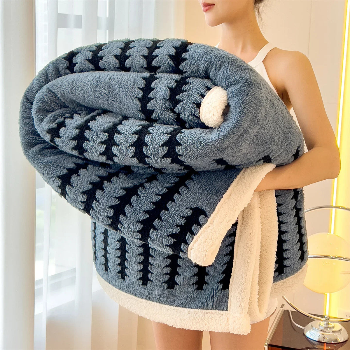 Geometric Striped Fleece Throw Blanket Reversible Sherpa Ultra Plush Cozy Winter Soft Warm 100% Polyester for Bed Couch Living Room Bedroom | Lonoma