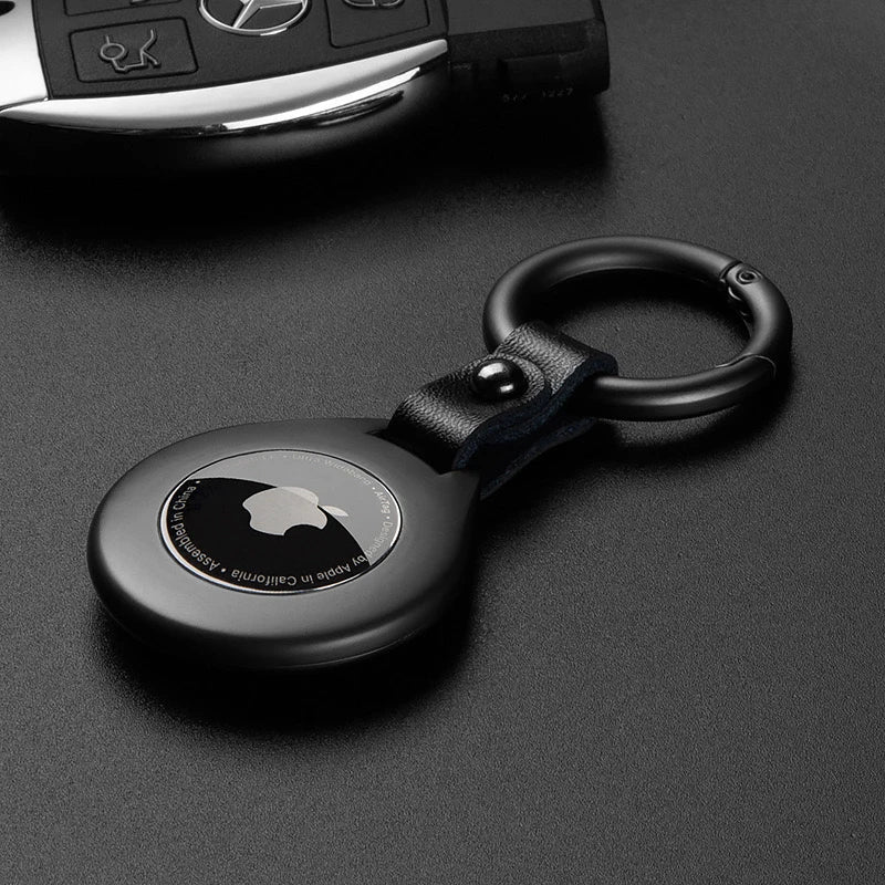 Genuine Leather Tracker Holder with Metal Keychain Ring, Black or Silver, Protective Case for Keys, Bags, Luggage & Pet Collars | Lonoma