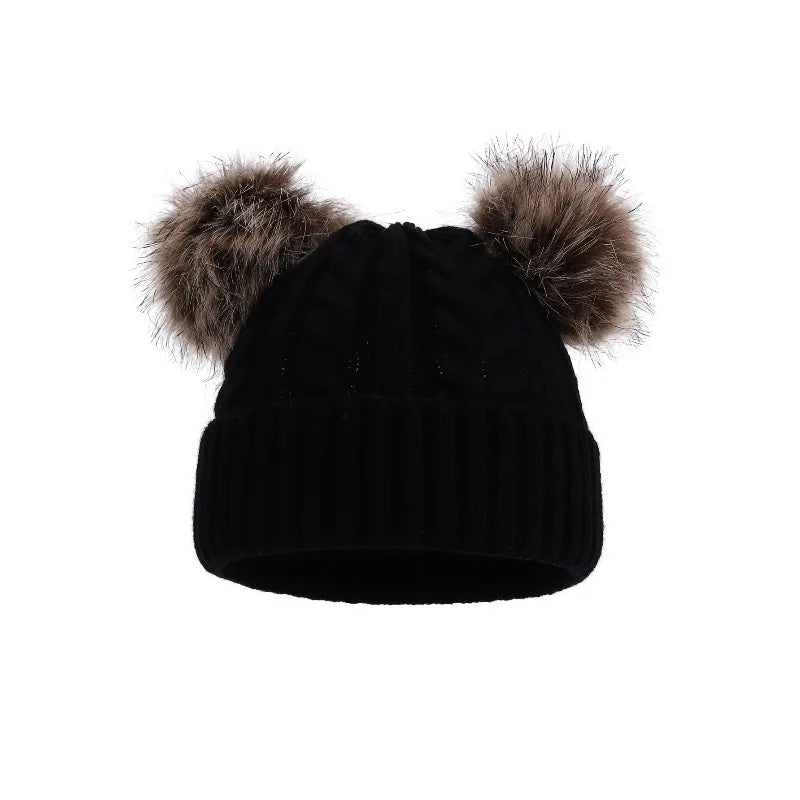 Women's Beanie Hat with Dual Faux Fur Pom-Poms – Chunky Cable Knit Winter Cap with Cuffed Design for Cold Weather | Lonoma