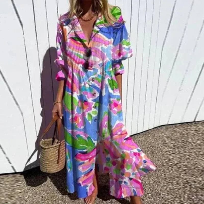 Women's Tiered Bohemian Cotton Dress with V-Neckline in Multicolour, Pink, Red, Light Blue and White – Relaxed Summer Day Dress for Warm Weather and Coastal Holidays | Koossa