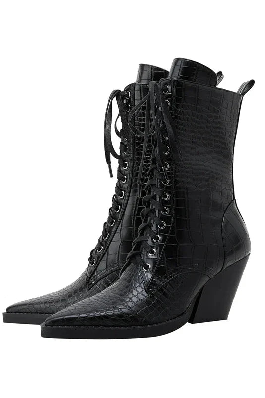 Croc-Effect Pointed Block Heel Lace-Up Ankle Boots in Brown and Black | Koossa