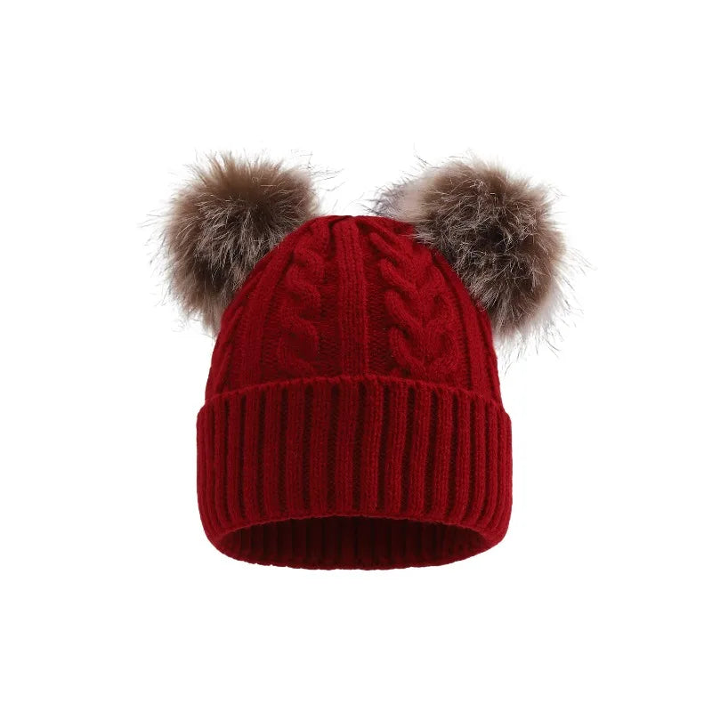 Women's Beanie Hat with Dual Faux Fur Pom-Poms – Chunky Cable Knit Winter Cap with Cuffed Design for Cold Weather | Lonoma