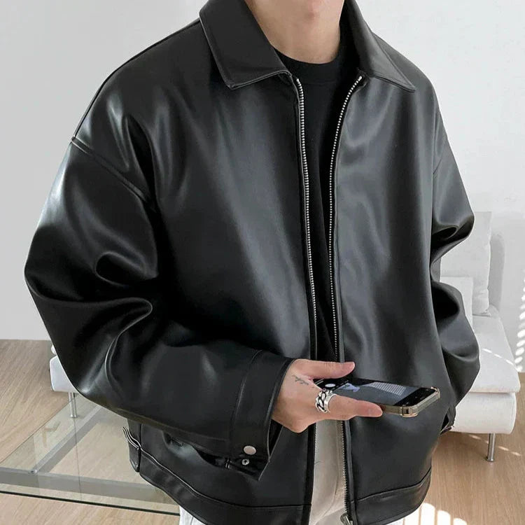 Men's Black Zip-Front Jacket with Relaxed Silhouette for Casual Weekend Wear | Koossa