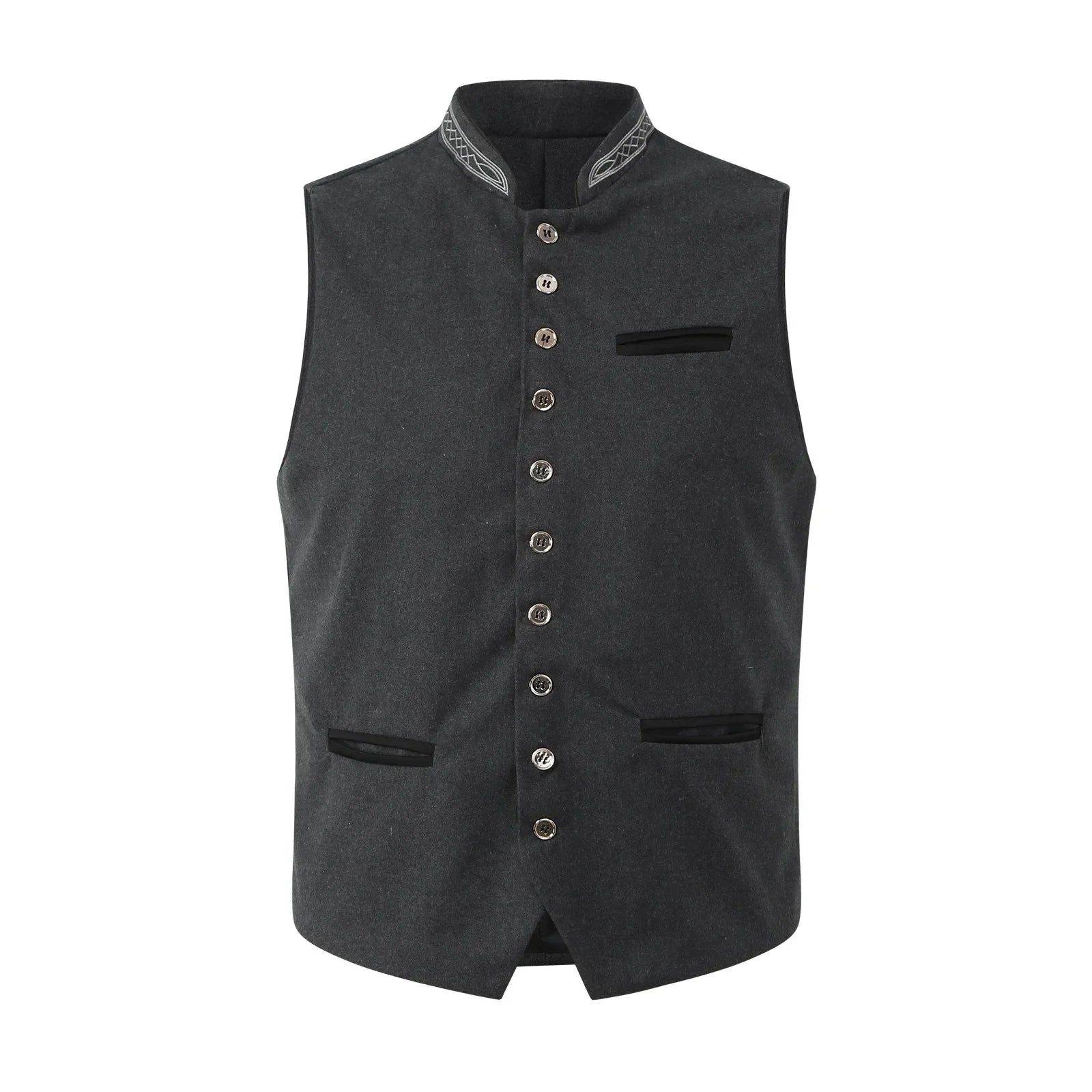 Men's Dark Grey Traditional Waistcoat — Slim Fit Formal Waistcoat with Stand Collar & Embroidered Detail | Koossa