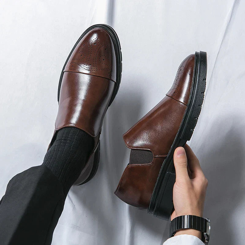 Men's Leather Slip-On Brogues with Cap Toe Detail in Black and Brown | Classic Formal Footwear for Business and Evening Occasions | Elegant Dress Shoes with Elastic Gusset | Koossa