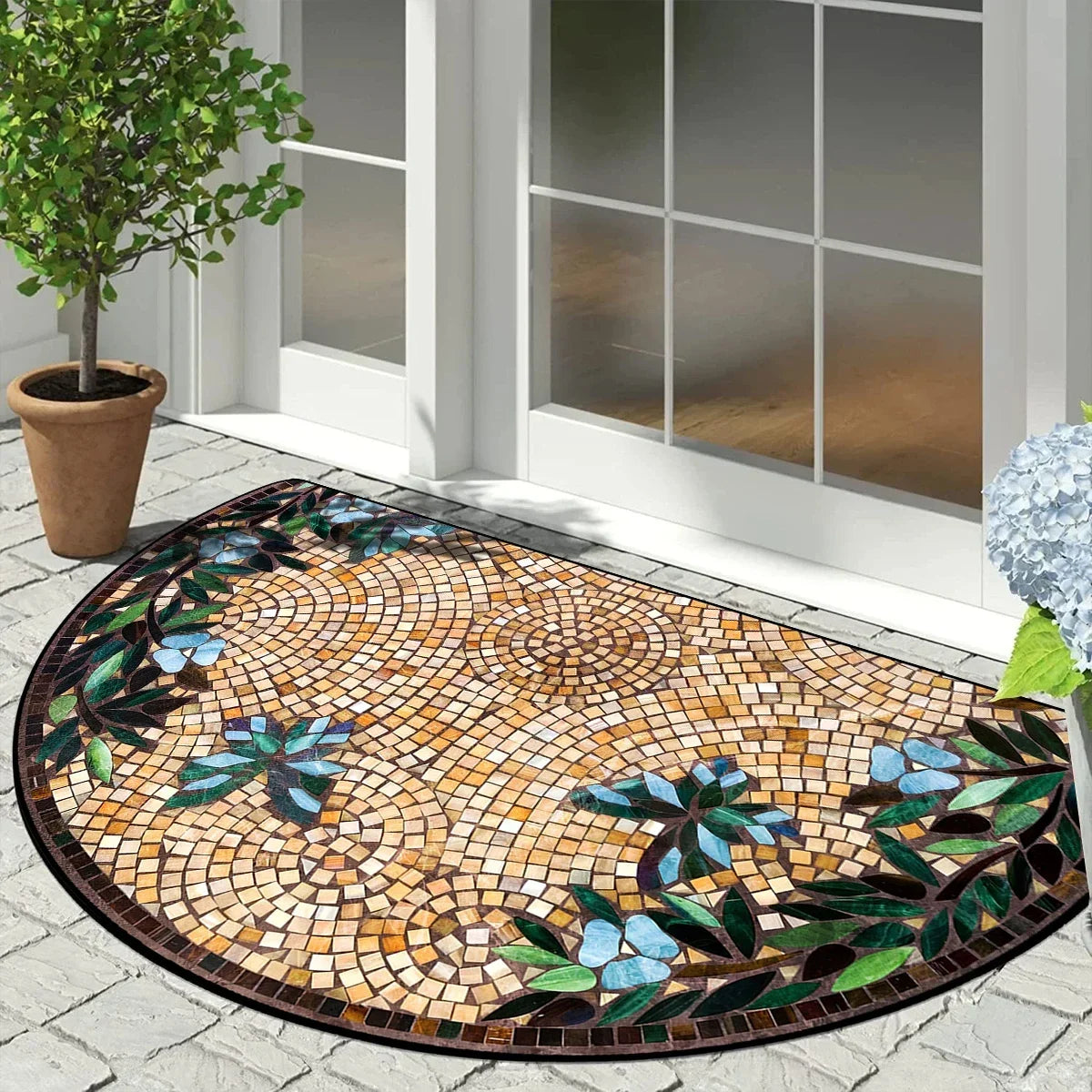 Half-Moon Non-Slip Doormat Geometric Mosaic Print for Entry Patio | Vintage Floral Patchwork Design Indoor Outdoor Mat | Lonoma