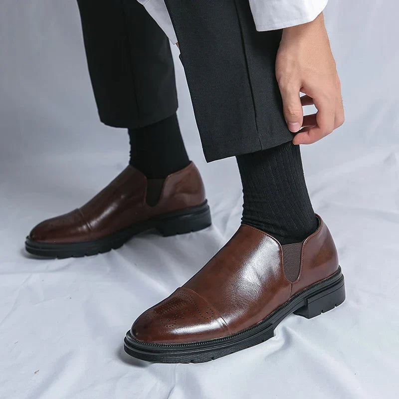 Men's Leather Slip-On Brogues with Cap Toe Detail in Black and Brown | Classic Formal Footwear for Business and Evening Occasions | Elegant Dress Shoes with Elastic Gusset | Koossa