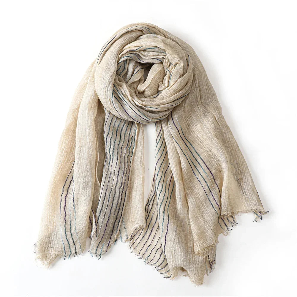 Cotton Linen Striped Scarf with Fringe for Fall Winter | Lightweight Unisex Shawl Wrap | Breathable Neck Scarf 79x30 in | Men Women Fashion | Lonoma