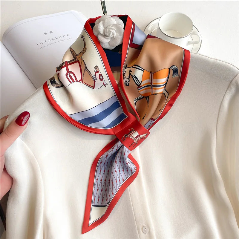 Silk-Feel Horse Print Skinny Scarf for Women Neck Wrap Hair Tie Wrist Accessory Satin Ribbon Bandana Fashion Neckerchief Lightweight | Lonoma