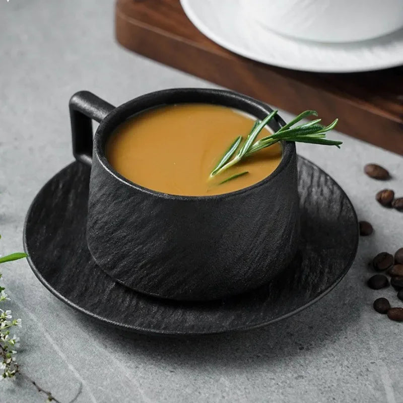 Stoneware Cup and Saucer Set, Black or White Glazed Ceramic Coffee and Tea Cup with Plate, Minimalist Drinkware for Kitchen and Dining | Lonoma