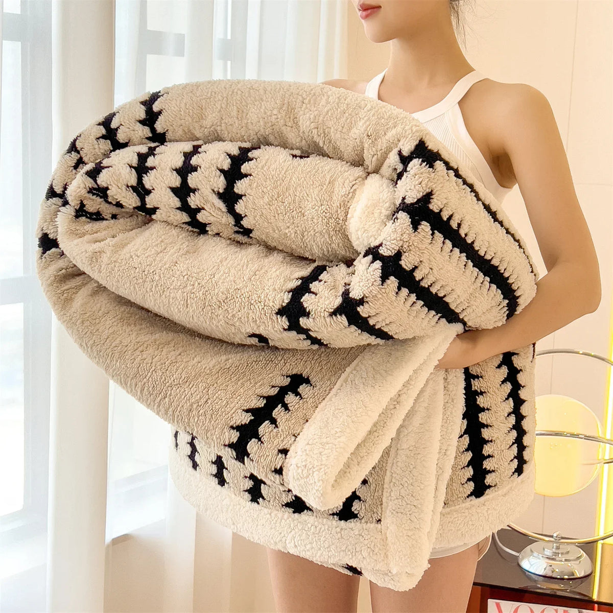 Geometric Striped Fleece Throw Blanket Reversible Sherpa Ultra Plush Cozy Winter Soft Warm 100% Polyester for Bed Couch Living Room Bedroom | Lonoma