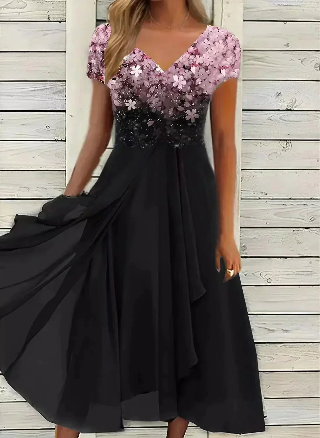 Women's Floral Embellished Evening Gown with Flowing Silhouette in Luxurious Metallic Tones for Weddings and Black-Tie Events | Koossa