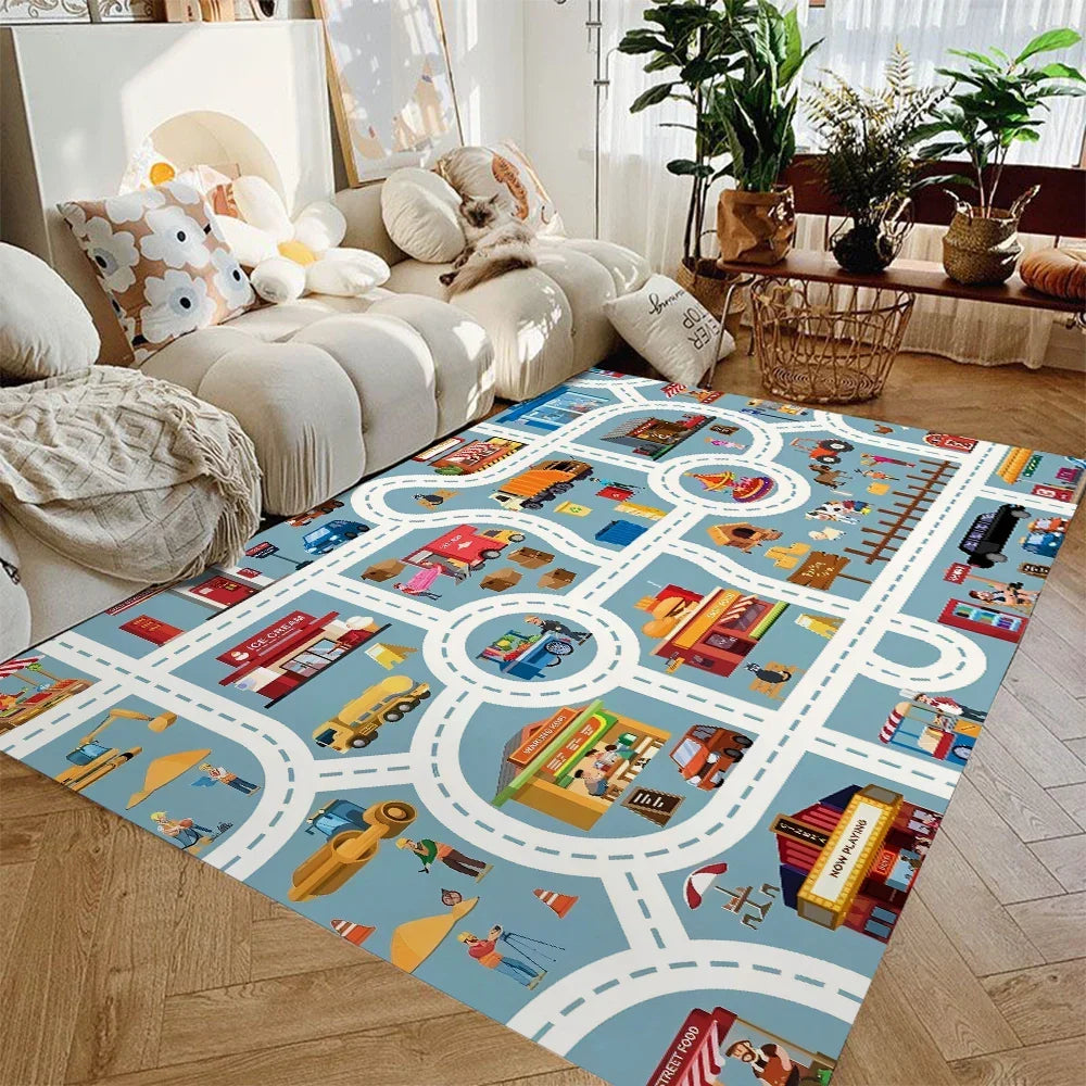 Kids Road Map Play Rug, Soft Flannel Non-Slip Washable Area Rug for Toy Cars, Playroom, Nursery, Bedroom, Toddler Floor Mat | Lonoma