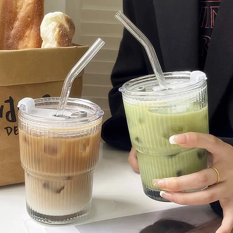 Gobelet isotherme côtelé en verre borosilicate double paroi avec paille réutilisable pour café thé nomade | Koossa
