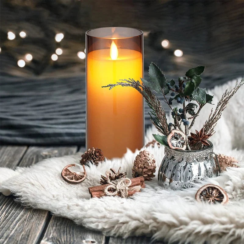 Flameless LED Pillar Candles Set of 3, Battery Operated Flickering Candles with Timer, Amber Smoke Clear for Dining Table & Mantel Decor | Lonoma