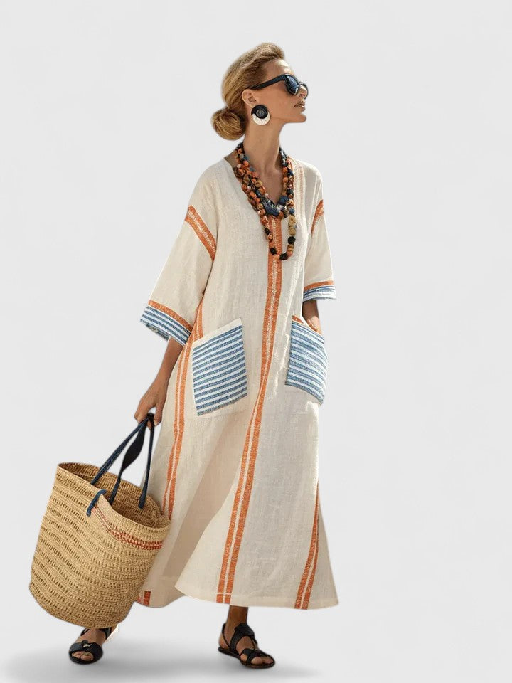 Women's V-Neck Maxi Dress in Lightweight Fabric with Relaxed Flowing Silhouette for Summer Occasions | Koossa