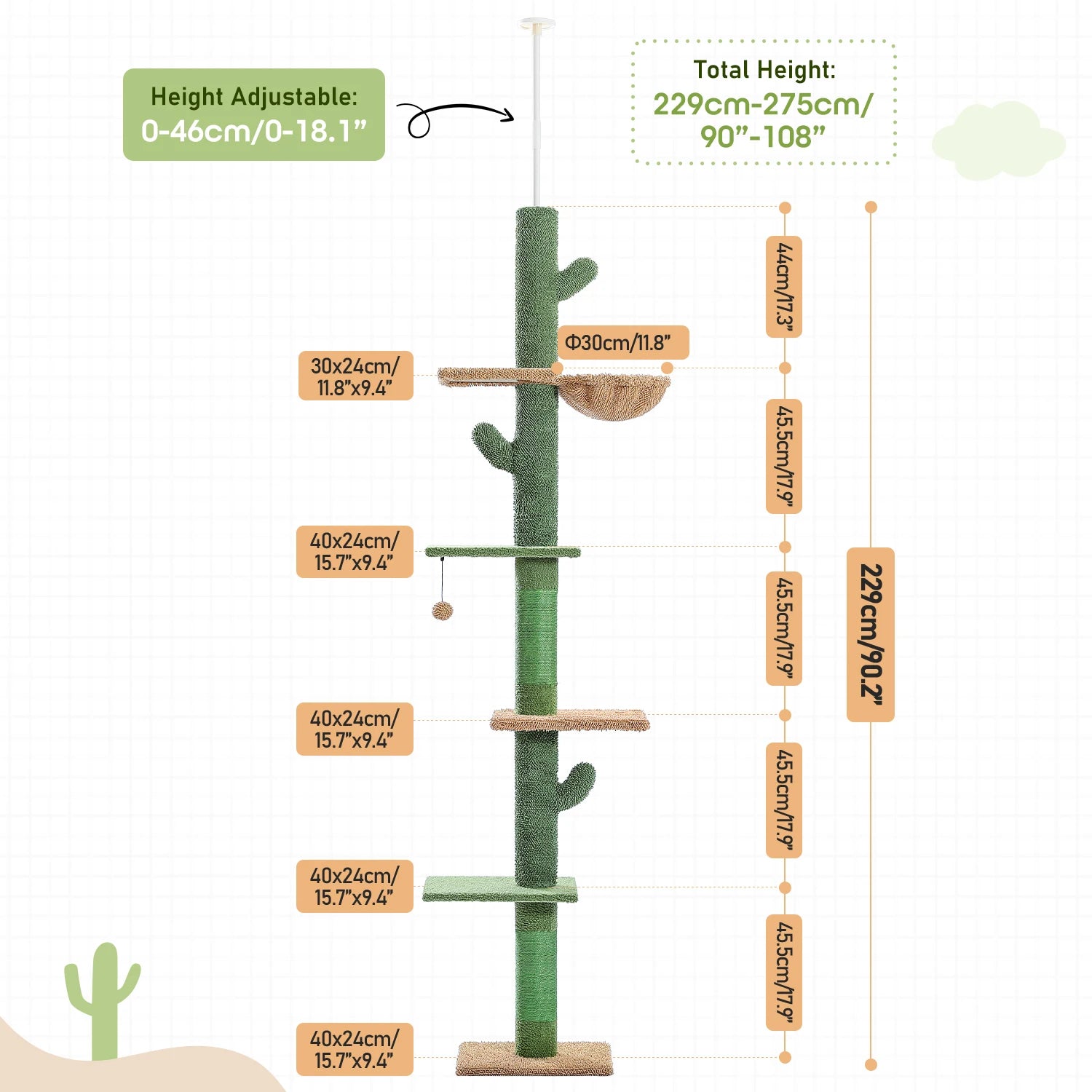 Cat Tree Floor-to-Ceiling Cactus 5-Level Adjustable Height 240-275cm Sisal Posts 9cm Hammock Scratching Tower Multi-Cat Tension Pole Wall-Mounted | Koossa