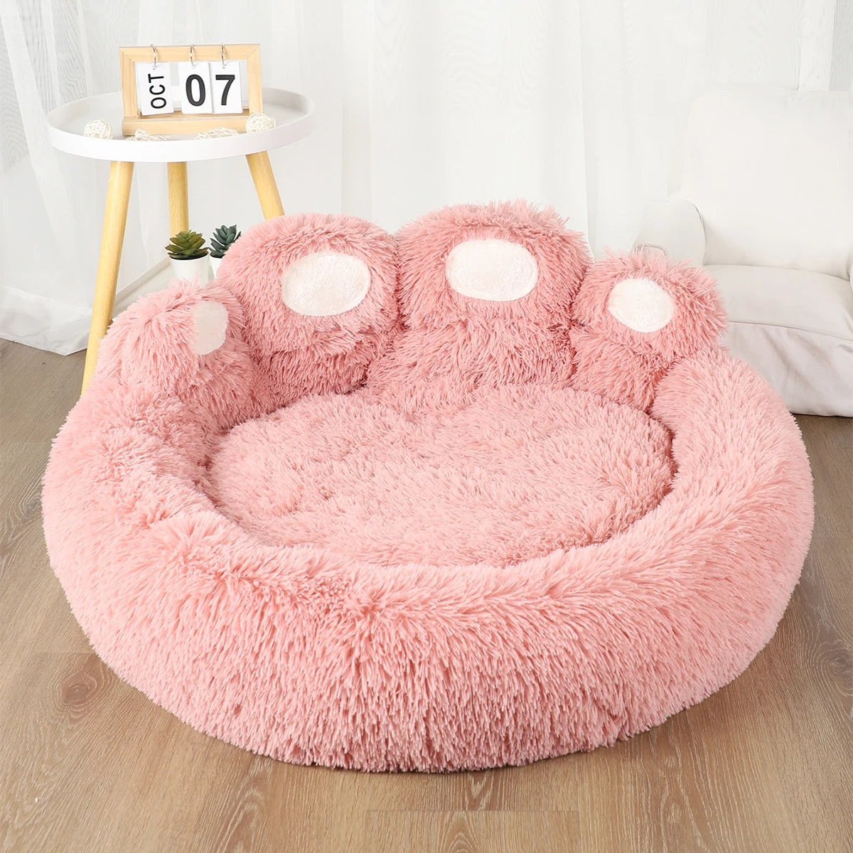 Dog Bed Round Plush Fluffy Paw Print 50-110cm Calming Donut Cushion Anti-Slip Base Winter Warm Cat Puppy Basket Washable Pet Mat | Koossa