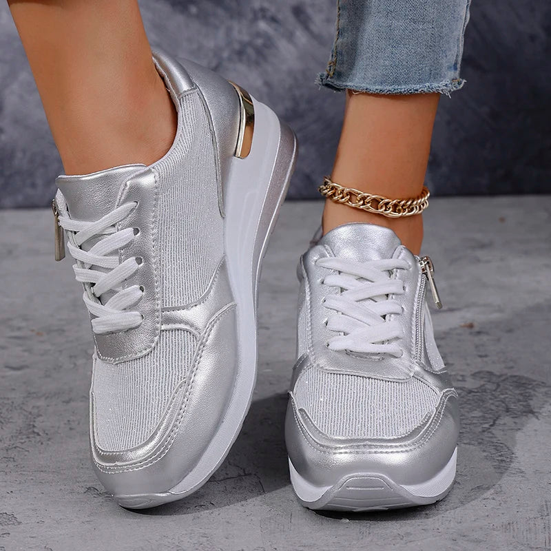 Women's Wedge Trainers with Side Zip in Metallic Finish for Smart Casual Wear | Koossa
