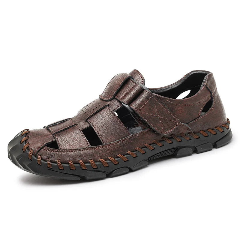 Closed-Toe Leather Fisherman Sandals for Men in Brown, Black and Grey – Supportive Everyday Summer Footwear with Adjustable Fastening and Breathable Cutout Design | Koossa