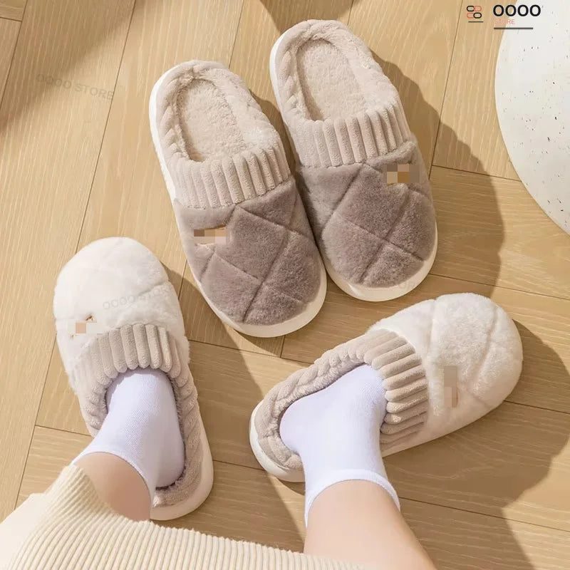 Winter pantoffels - Winter warme pluche pantoffels voor dames en heren, met een fijn geruit patroon, dikke zool, geschikt voor binnenshuis, zacht en pluizig.
