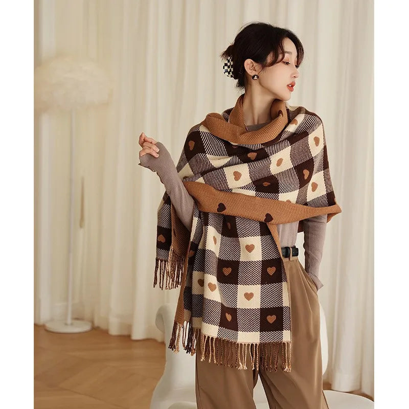 Oversized Plaid Blanket Scarf for Women – Thick Knit Winter Wrap Shawl with Heart Design for Cold Weather | Lonoma