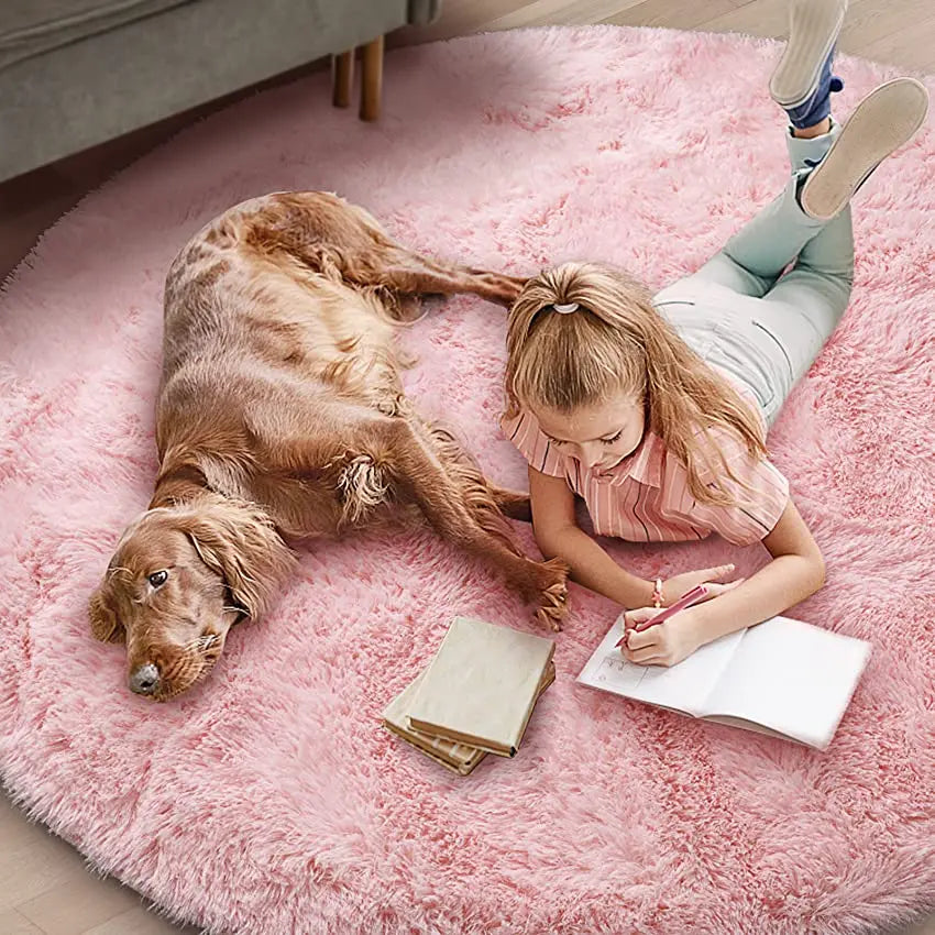Tapis rond shaggy doux 160 cm pour chambre d'enfant antidérapant mousse à mémoire de forme confort optimal | Koossa